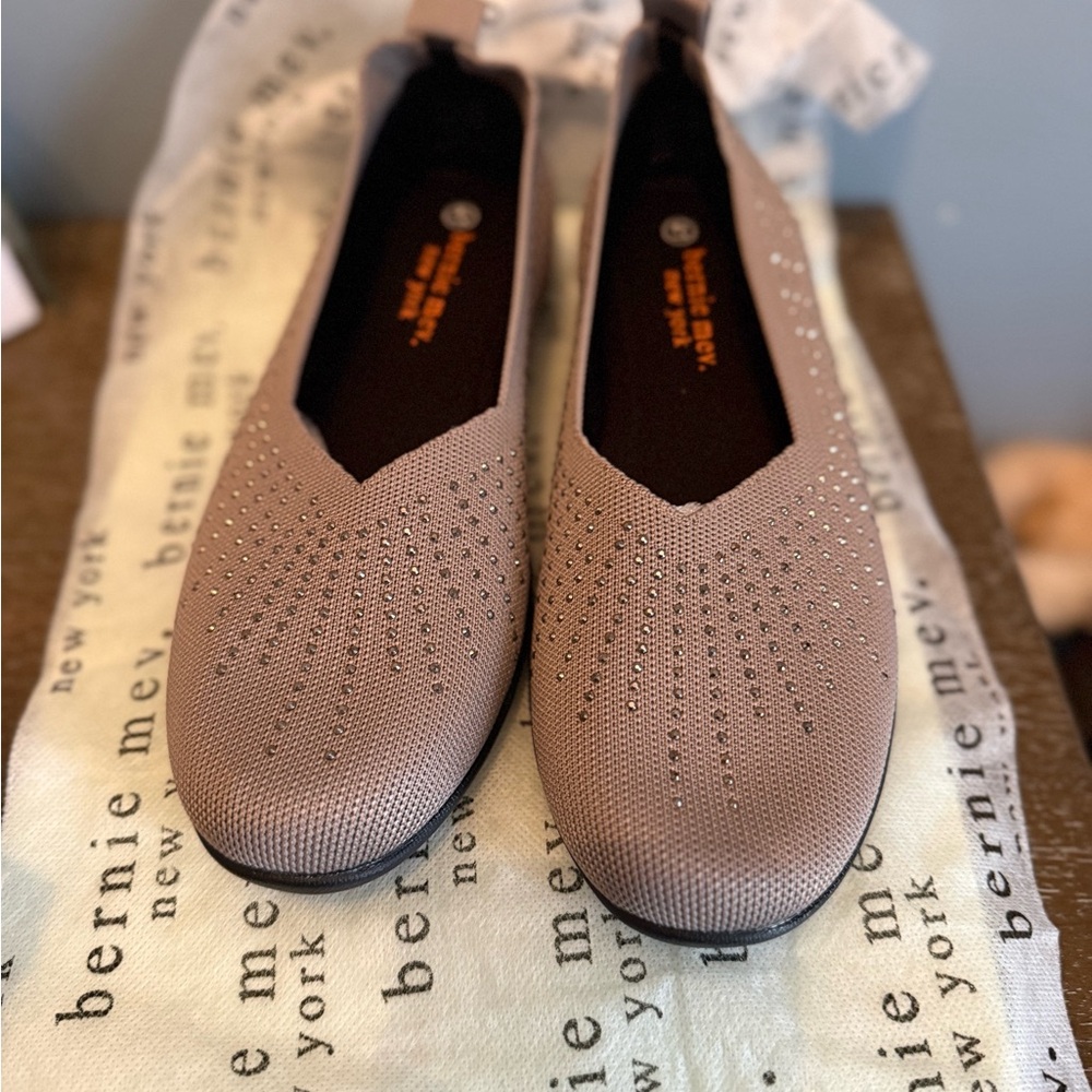 bernie mev. Taupe Knit Ballet Flats with Rhinestone Detail